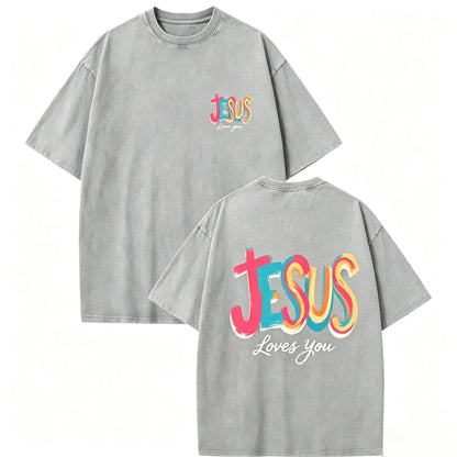 Washed T - Shirt, 1pc Y2K Retro Style, 230G Printed Spring Summer Crew Neck 100% Cotton Soft Daily Streetwear Faith Short - Sleeve T - Shirt with Colorful 'JESUS' on Front and Back fathersdaygift，funny graphic tee, men’s trendy t-shirts,