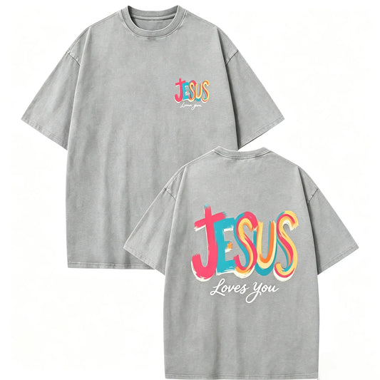 Washed T - Shirt, 1pc Y2K Retro Style, 230G Printed Spring Summer Crew Neck 100% Cotton Soft Daily Streetwear Faith Short - Sleeve T - Shirt with Colorful 'JESUS' on Front and Back fathersdaygift，funny graphic tee, men’s trendy t-shirts,
