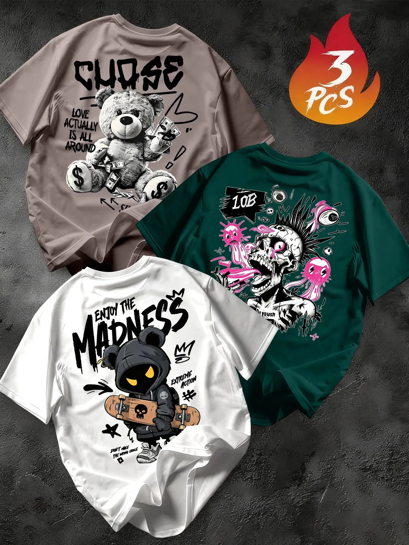 Men's 3-Pack Graffiti Round Neck Short Sleeve T-Shirts, Unique Cool Prints, Loose Fit, Casual Street Style, Daily Wear, Streetwear