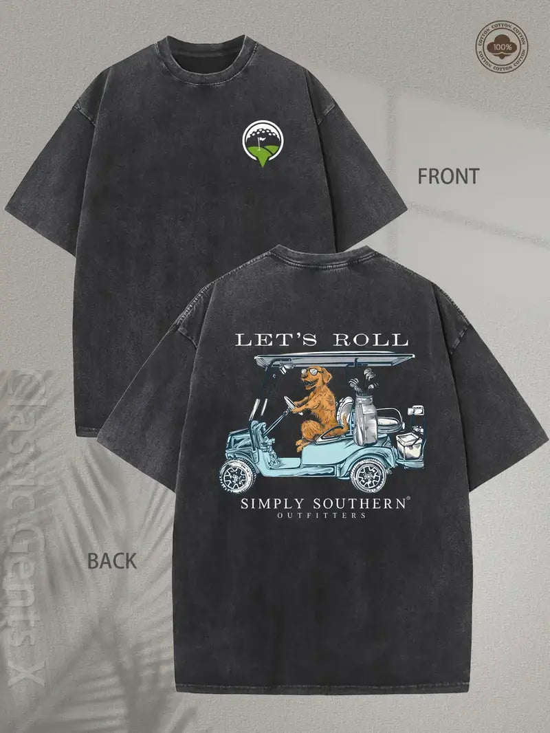 Men's & 's Heavyweight 230gsm Vintage Washed Cotton T-Shirt - Southern Golf Cart & Golden Retriever Print with "Let's Roll" & "Simply Southern" Slogan, Casual Short Sleeve Round Neck Tee for Retro Y2K Style, Golf Outings & Gifts vintage t-shirt casual men