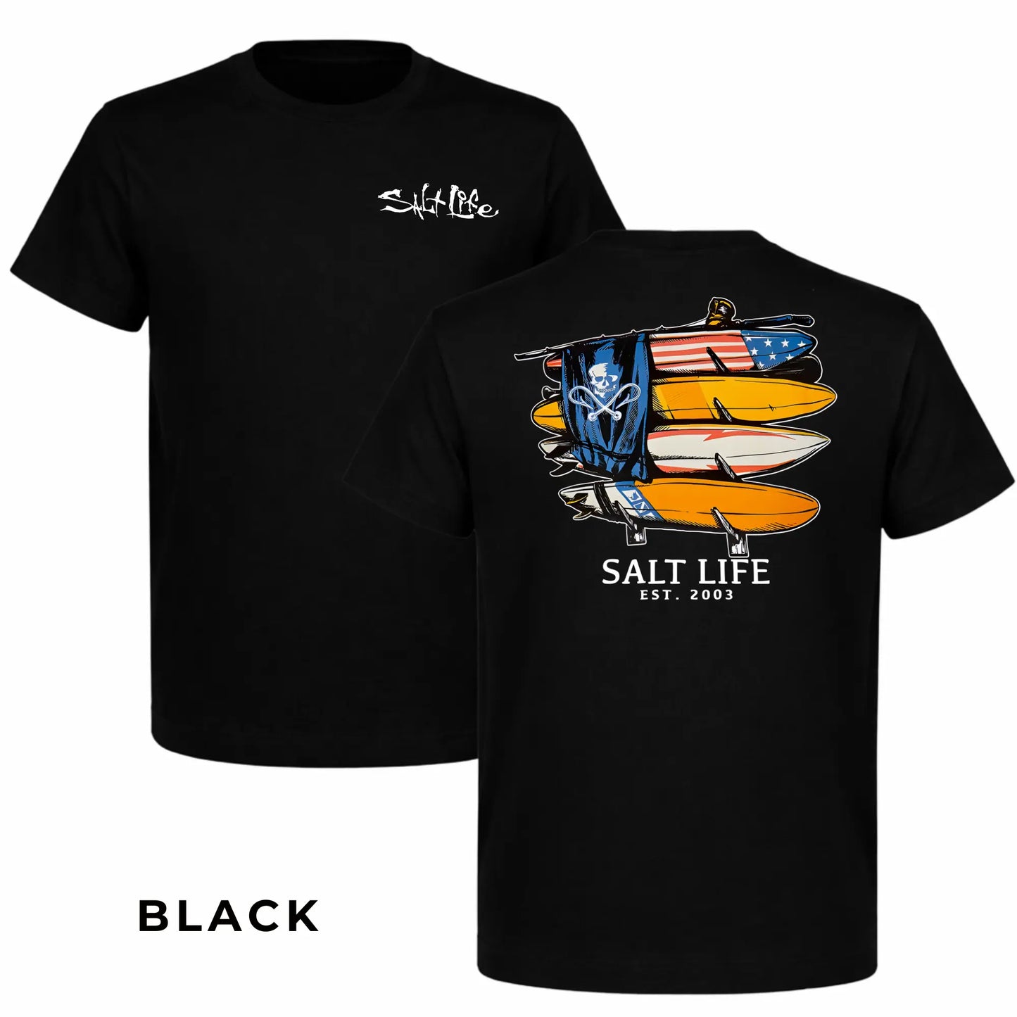 Salt Life Surfboards T-Shirt 2 Sided – American Flag Boards & Skull, Beach Adventure Style, Ideal Gift for Anglers, Hunter,belle