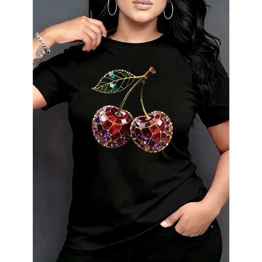 Women's 100% Cotton Smooth Fabric Printed Short-Sleeve Round Neck T-Shirt, Cherry Pattern, Multiple Colors, Sweet Elegant Fit, Birthday Gift, Travel Vacation Wear,mechanic
