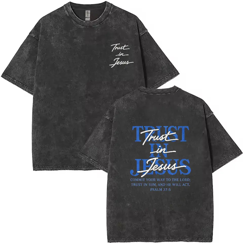 Christian Oversized Tee, "Trust in Jesus" Psalm 37:5 Bible Verse Design, Faith-Based Gift for Men & Women