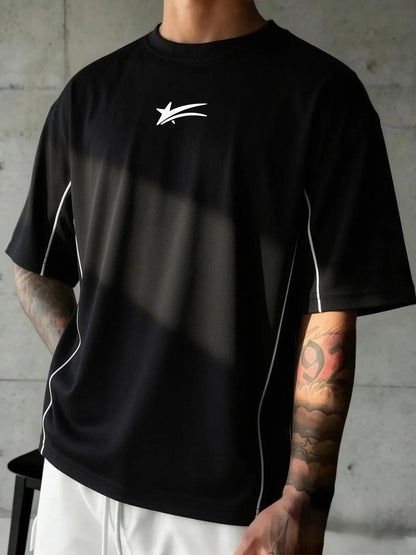 Men's Symbol Line Print T-Shirt, Y2K Streetwear Style, Loose-Fit Short Sleeve Casual Tee for Everyday Wear