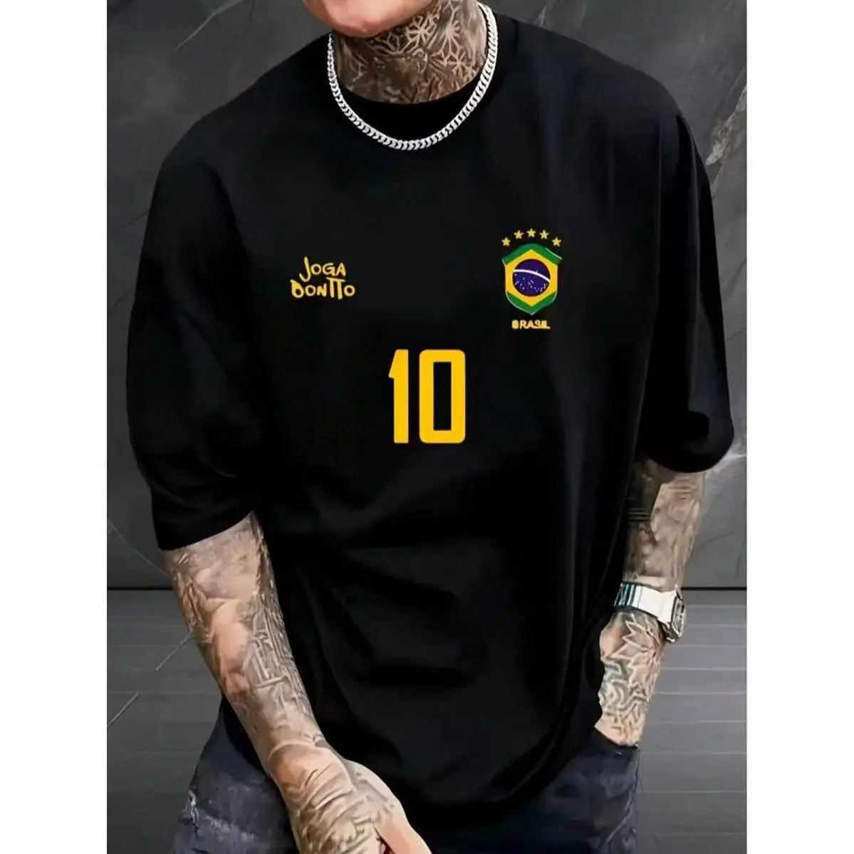 Men's Graphic T-Shirt, Retro Brazil Football Jersey - Legendary Number 10, Casual Football Fan Outfit, Football Jersey, 100% Polyester Breathable Knit Fabric, Regular Fit Round Neck Design graphic tee graphic tee