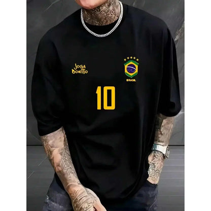 Men's Graphic T-Shirt, Retro Brazil Football Jersey - Legendary Number 10, Casual Football Fan Outfit, Football Jersey, 100% Polyester Breathable Knit Fabric, Regular Fit Round Neck Design graphic tee graphic tee