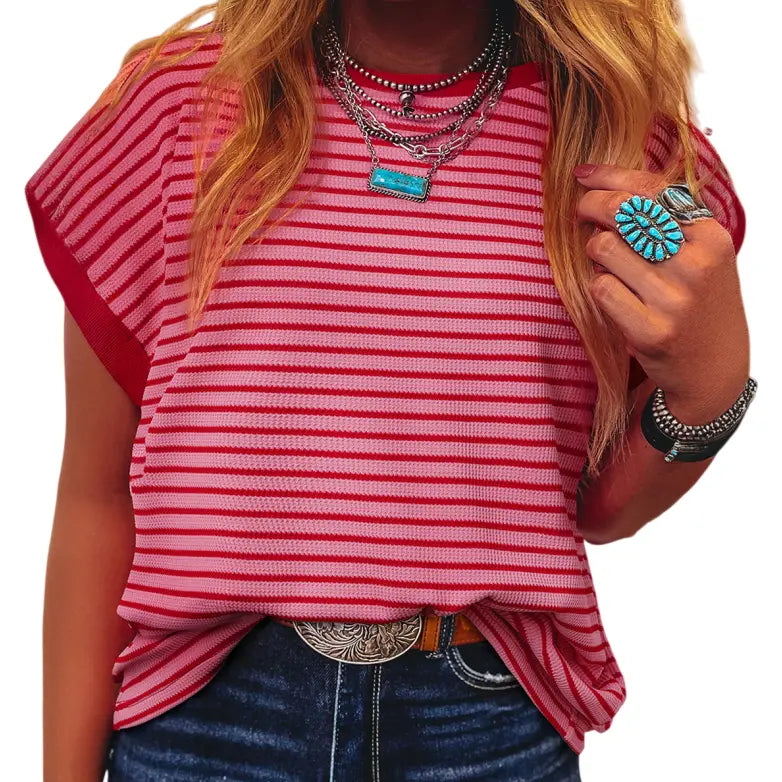 Asvivid T Shirts Women Striped Ribbed Knitted Top Drop Shoulder Round Neck T-Shirt Summer Tops Daily Everyday Wear Shirt Casual Fashion Crewneck Tshirt Womenswear#DealsForYouDays