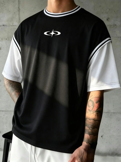 Men's Symbol Line Print T-Shirt, Y2K Streetwear Style, Loose-Fit Short Sleeve Casual Tee for Everyday Wear