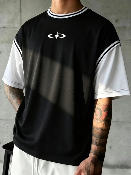 Men's Symbol Line Print T-Shirt, Y2K Streetwear Style, Loose-Fit Short Sleeve Casual Tee for Everyday Wear