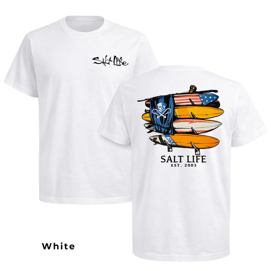 Salt Life Surfboards T-Shirt 2 Sided – American Flag Boards & Skull, Beach Adventure Style, Ideal Gift for Anglers, Hunter,belle