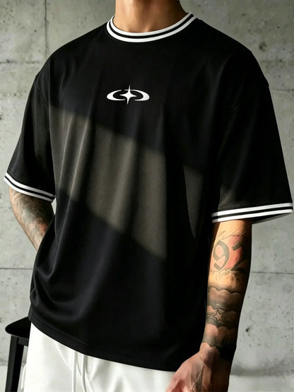 Men's Symbol Line Print T-Shirt, Y2K Streetwear Style, Loose-Fit Short Sleeve Casual Tee for Everyday Wear