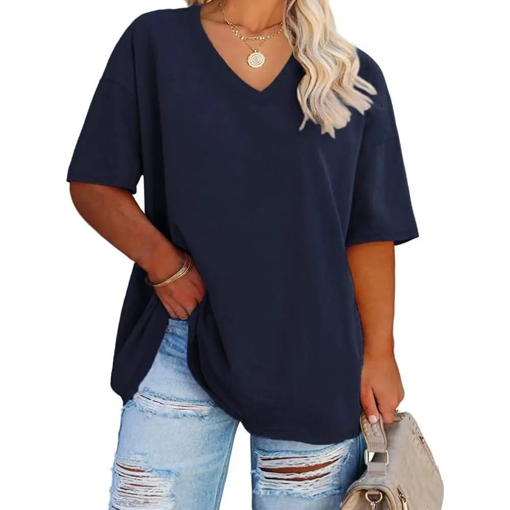 Tankaneo  Women's Plus Size V Neck T Shirts Summer Half Sleeve Tees Casual Loose Fit Cotton Tunic Tops