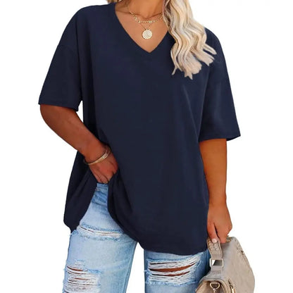 Tankaneo  Women's Plus Size V Neck T Shirts Summer Half Sleeve Tees Casual Loose Fit Cotton Tunic Tops
