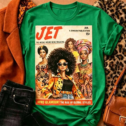 Afro Glamour Vintage Magazine Cotton T-shirt for Women Artistic Fashion Afrocentric Fall Graphic Tee R