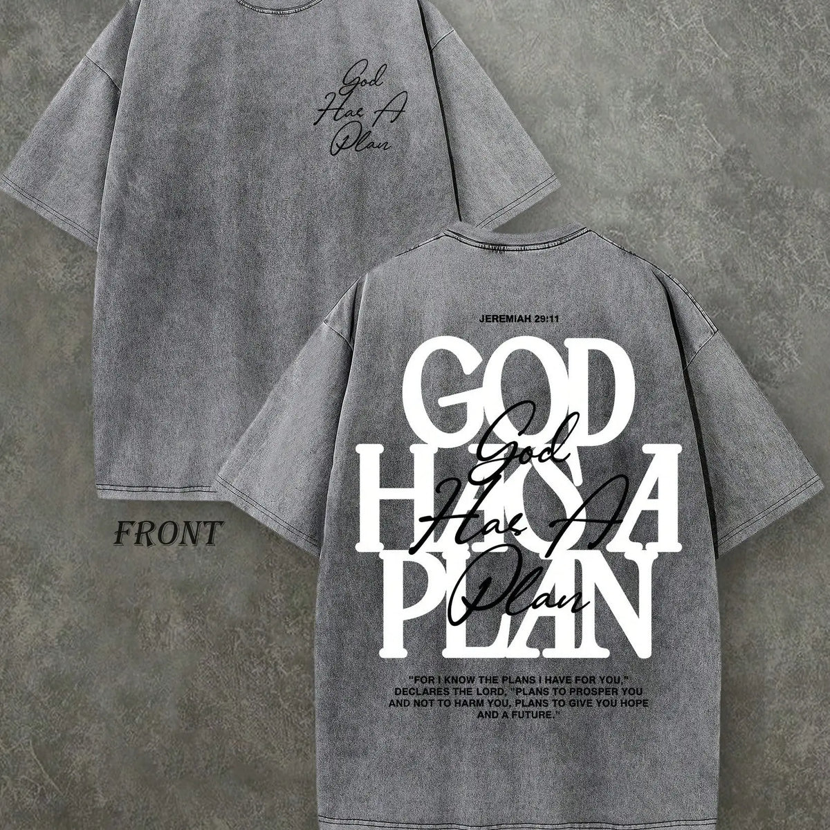 Vintage Washed "God Has a Plan" Double-Sided Print Tee | 230gsm Heavyweight Christian Streetwear, Unisex Wide-Shoulder Fit, High-Quality Cotton Casual Top for Men & Women