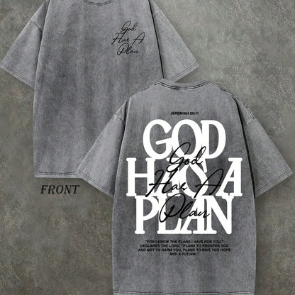 Vintage Washed "God Has a Plan" Double-Sided Print Tee | 230gsm Heavyweight Christian Streetwear, Unisex Wide-Shoulder Fit, High-Quality Cotton Casual Top for Men & Women