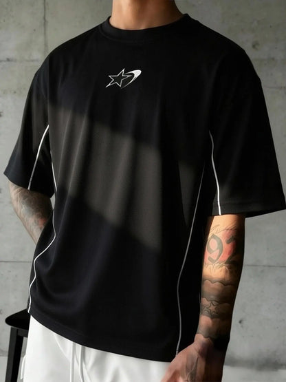 Men's Symbol Line Print T-Shirt, Y2K Streetwear Style, Loose-Fit Short Sleeve Casual Tee for Everyday Wear