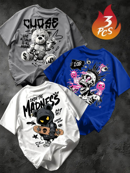 Men's 3-Pack Graffiti Round Neck Short Sleeve T-Shirts, Unique Cool Prints, Loose Fit, Casual Street Style, Daily Wear, Streetwear