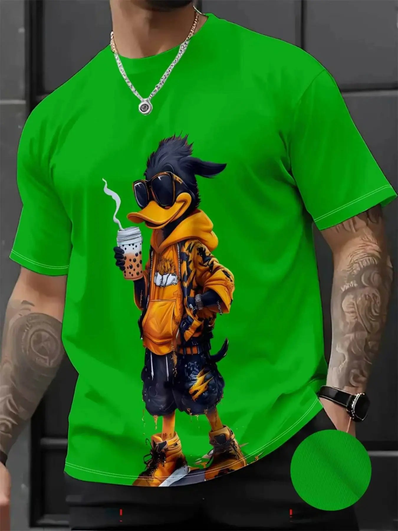 Men's 3D Cartoon Print Round Neck Short Sleeve Casual Streetwear T-Shirt, Fitted All over Print, Long Clothing, All Seasons Wear