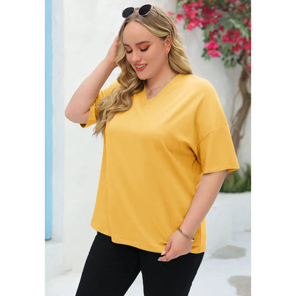 Tankaneo  Women's Plus Size V Neck T Shirts Summer Half Sleeve Tees Casual Loose Fit Cotton Tunic Tops