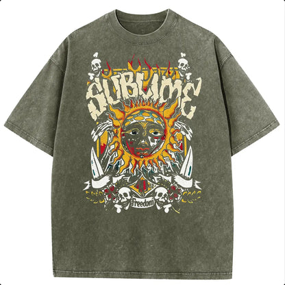 Women's Acid Wash T-Shirt, Vintage Sun Graphic in Heavyweight Cotton, Baggy Fit with Round Neck