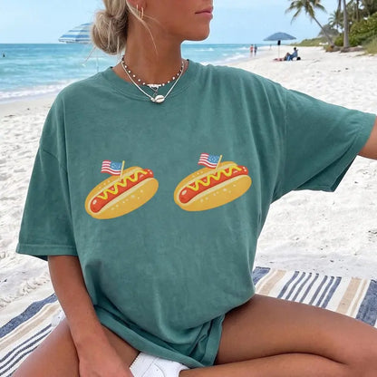 Comfort Colors Retro Hot Dog Bikini 4th of July Shirt - Funny Patriotic Glizzy Graphic Tee, Trendy Oversized USA Independence Day T-Shirt