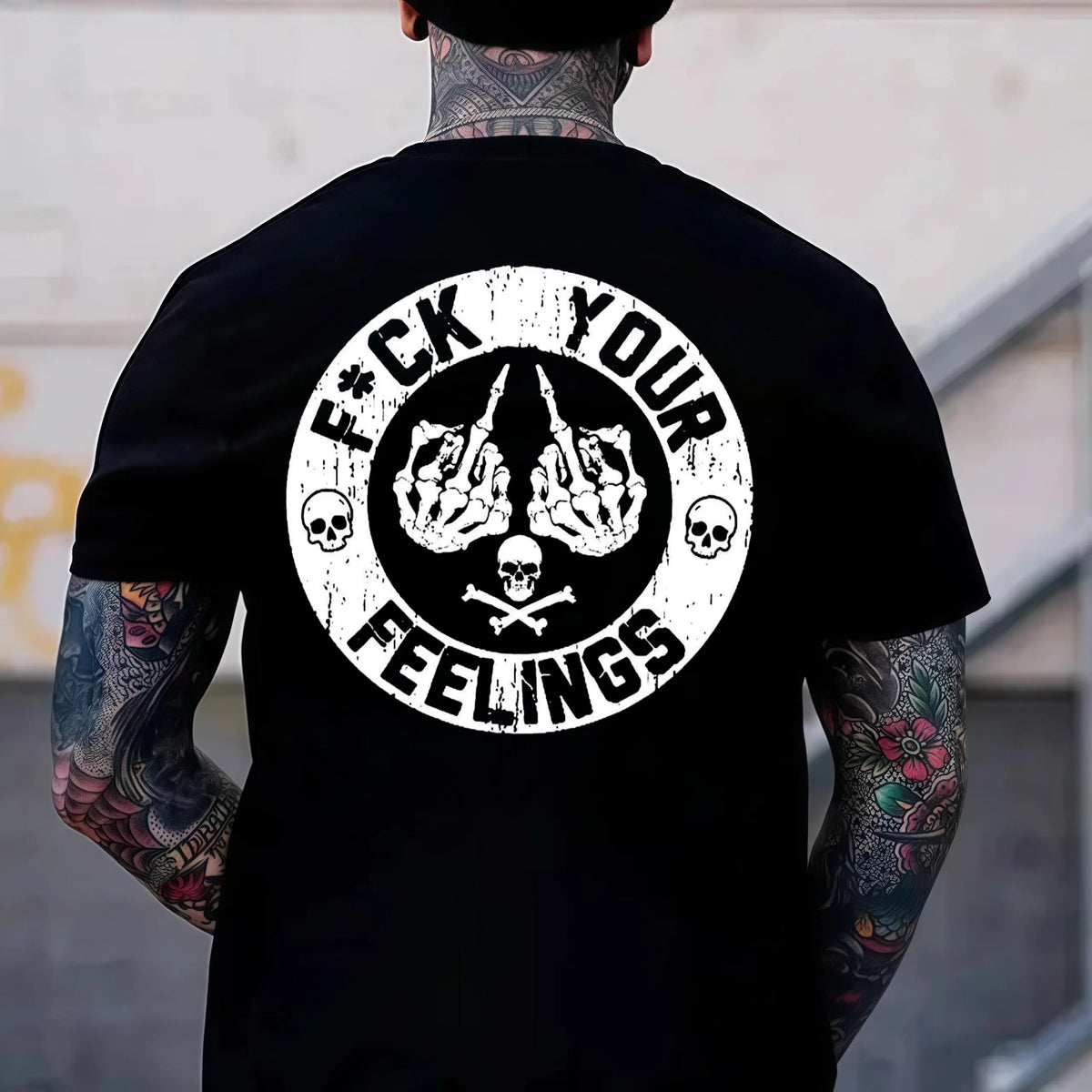 Men's "F*ck Your Feelings" Skull Graphic T-Shirt, Short-Sleeve Round Neck Loose Menswear, Bold Statement Limited Edition Fashion Streetwear Casual Angel Tee tiktokshopspringglowup,summervibes