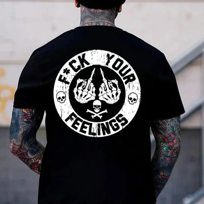 Men's "F*ck Your Feelings" Skull Graphic T-Shirt, Short-Sleeve Round Neck Loose Menswear, Bold Statement Limited Edition Fashion Streetwear Casual Angel Tee tiktokshopspringglowup,summervibes