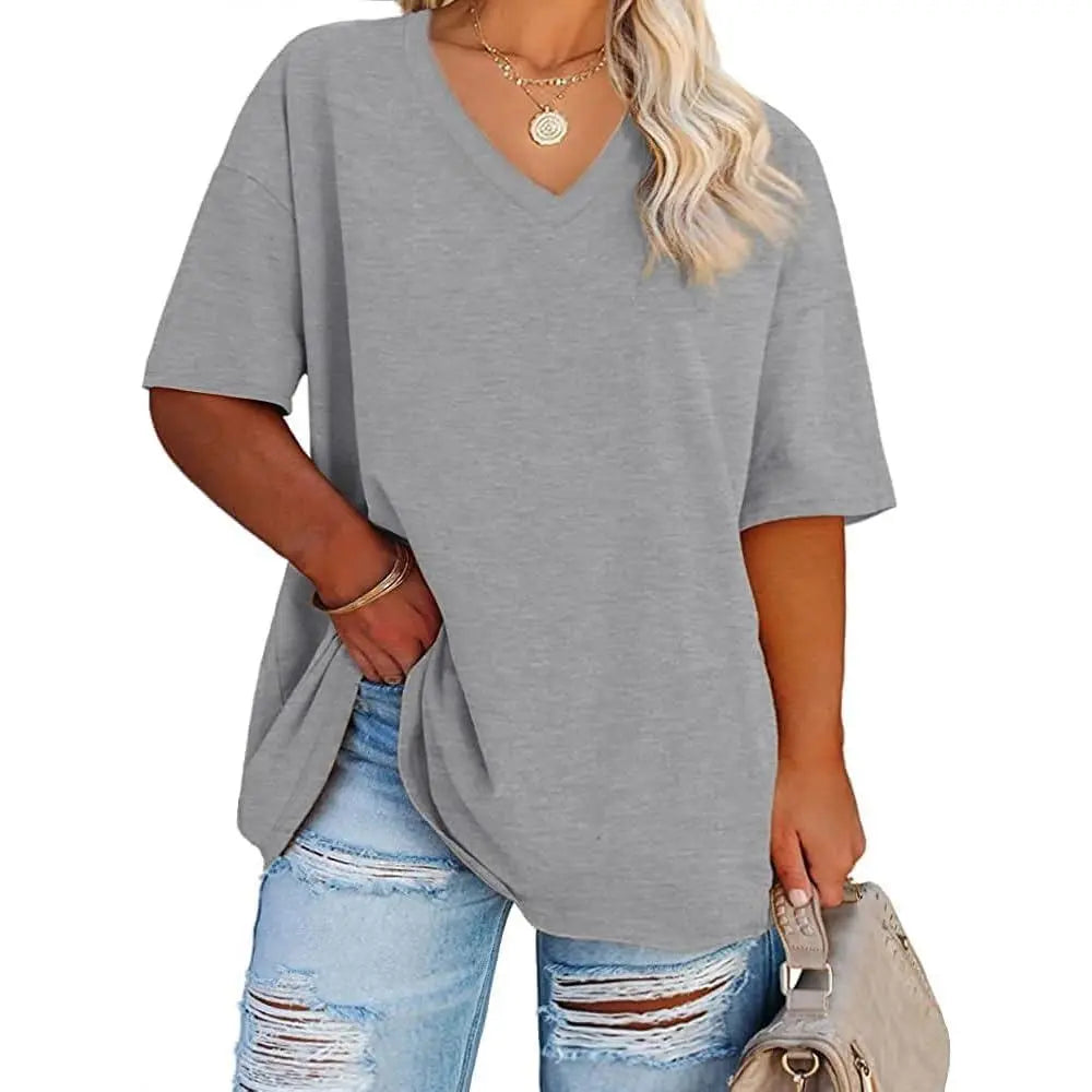 Tankaneo  Women's Plus Size V Neck T Shirts Summer Half Sleeve Tees Casual Loose Fit Cotton Tunic Tops