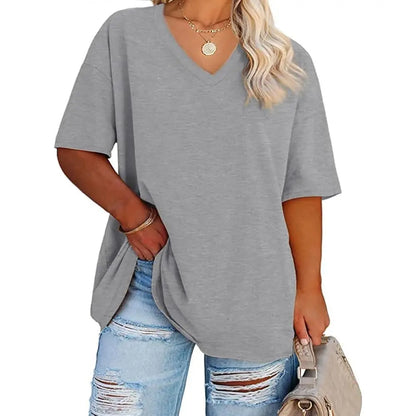 Tankaneo  Women's Plus Size V Neck T Shirts Summer Half Sleeve Tees Casual Loose Fit Cotton Tunic Tops