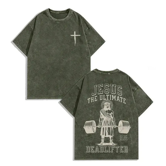 Men'S Vintage Washed T-Shirt The Ultimate Deadlifter Graphic Print - Oversized Streetwear Tee, Faith & Weightlifting Design, All-Season Comfort, Ideal Gift for Gym & Christian Men, Casual Round Neck Loose Fit ( The Ultimate Deadlifte 90s graphic tees vi