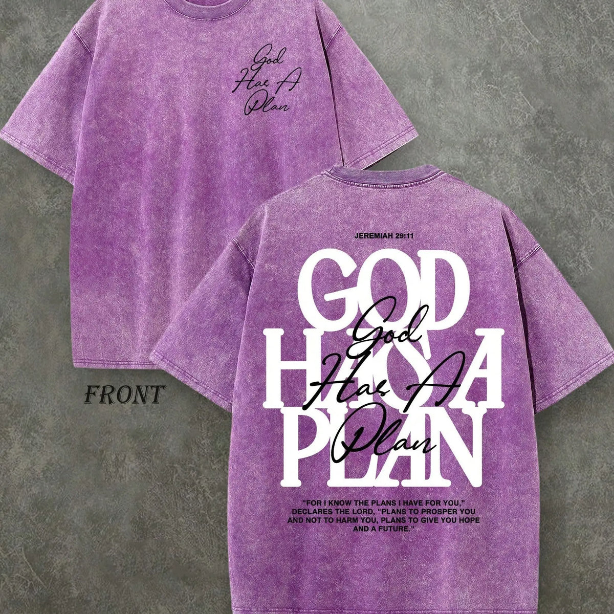 Vintage Washed "God Has a Plan" Double-Sided Print Tee | 230gsm Heavyweight Christian Streetwear, Unisex Wide-Shoulder Fit, High-Quality Cotton Casual Top for Men & Women