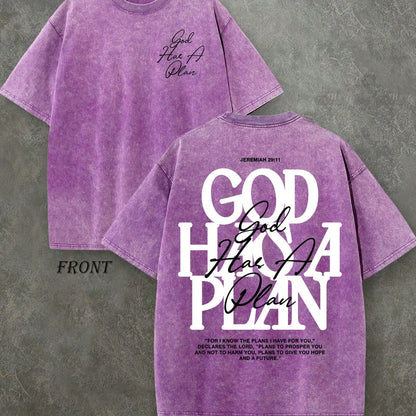 Vintage Washed "God Has a Plan" Double-Sided Print Tee | 230gsm Heavyweight Christian Streetwear, Unisex Wide-Shoulder Fit, High-Quality Cotton Casual Top for Men & Women