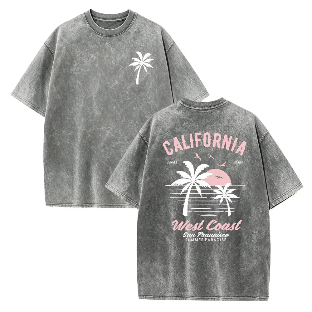 Washed Cotton California Graphic  –  Soft Vintage Surf Beach  with Palm Trees & Retro Print, Loose Fit Summer Casual Shirt for Men Women, Unisex Machine Washable