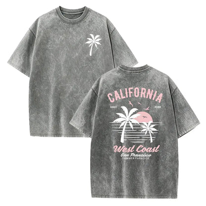 Washed Cotton California Graphic Tee – 250g Soft Vintage Surf Beach Tee with Palm Trees & Retro Print, Loose Fit Summer Casual Shirt for Men Women, Unisex Machine Washable