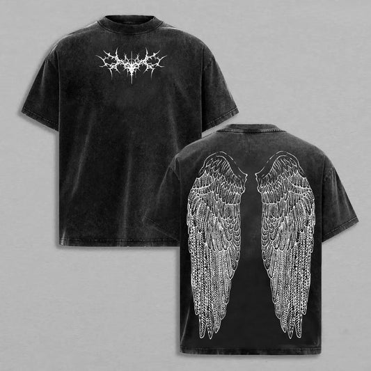 100% Cotton Washed Vintage T-Shirt – Y2K Gothic Wing Graphic Tee, Oversized Grunge Streetwear, Anime-Inspired Dark Aesthetic Top