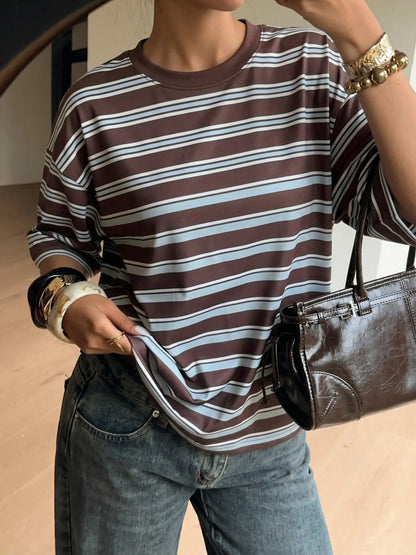 Soft Striped Oversized, Baggy Half Sleeve Casual Streetwear Daily Wear Lounge Summer Women's T‑Shirt With Retro Color Block Stripe Design Loose Fit Breathable Fabric Ideal For Everyday Outings Coffee Runs Basic Essential Tee