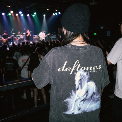 Men's Retro Deftones Pony Logo T-Shirt-A washed, loose-fit, thick cotton short-sleeve T-shirt with a simple yet fun design; unisex alternative metal/grunge round-neck T-shirt, perfect for the gym
