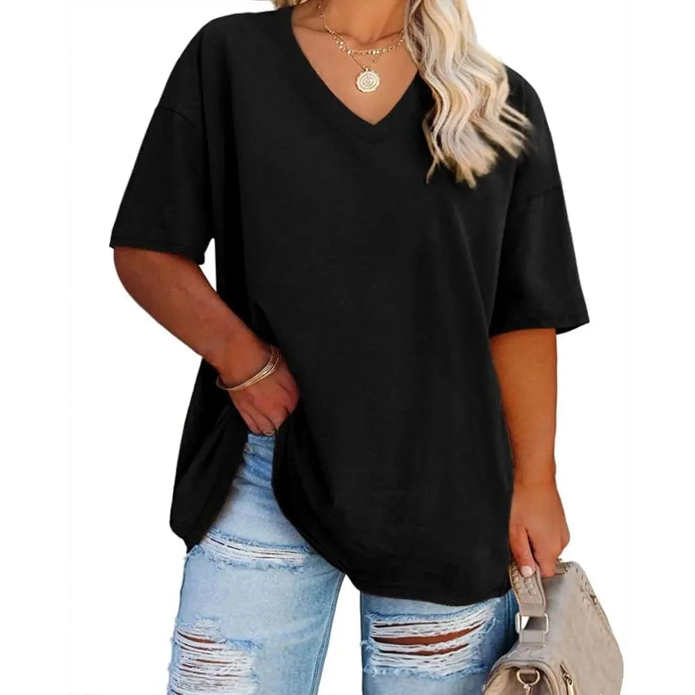 Tankaneo  Women's Plus Size V Neck T Shirts Summer Half Sleeve Tees Casual Loose Fit Cotton Tunic Tops