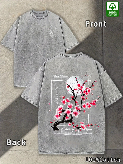 Men's Streetwear T-Shirt in a Washed Knit Finish - Casual Loose Fit Menswear Top with Japanese Cherry Blossom Floral Graphic