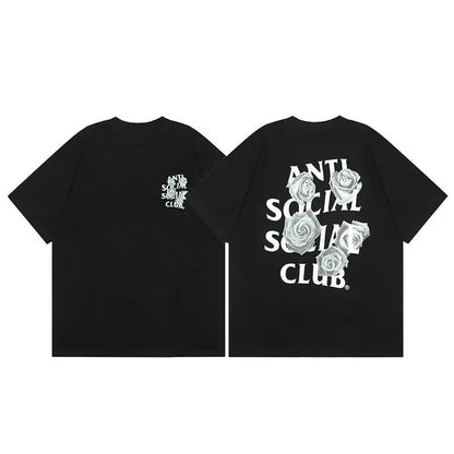 Anti Social Social Club "White Roses" Front/Back T-Shirt Bold Floral Design Streetwear Tee for Menswear Top 100% Cotton Unisex Fit Casual Fabric