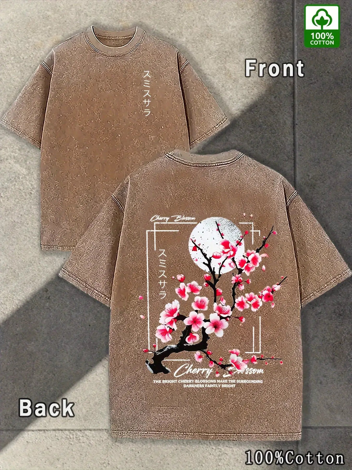 Men's Streetwear T-Shirt in a Washed Knit Finish - Casual Loose Fit Menswear Top with Japanese Cherry Blossom Floral Graphic