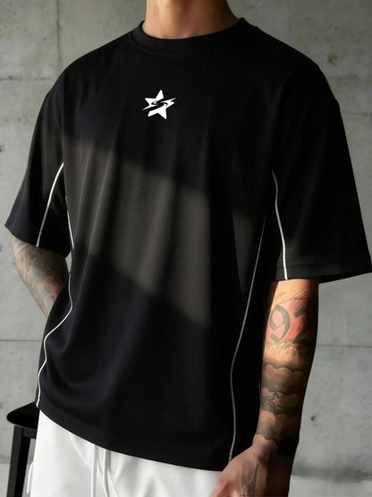 Men's Symbol Line Print T-Shirt, Y2K Streetwear Style, Loose-Fit Short Sleeve Casual Tee for Everyday Wear