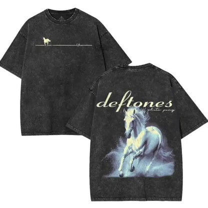 Men's Retro Deftones Pony Logo T-Shirt-A washed, loose-fit, thick cotton short-sleeve T-shirt with a simple yet fun design; unisex alternative metal/grunge round-neck T-shirt, perfect for the gym