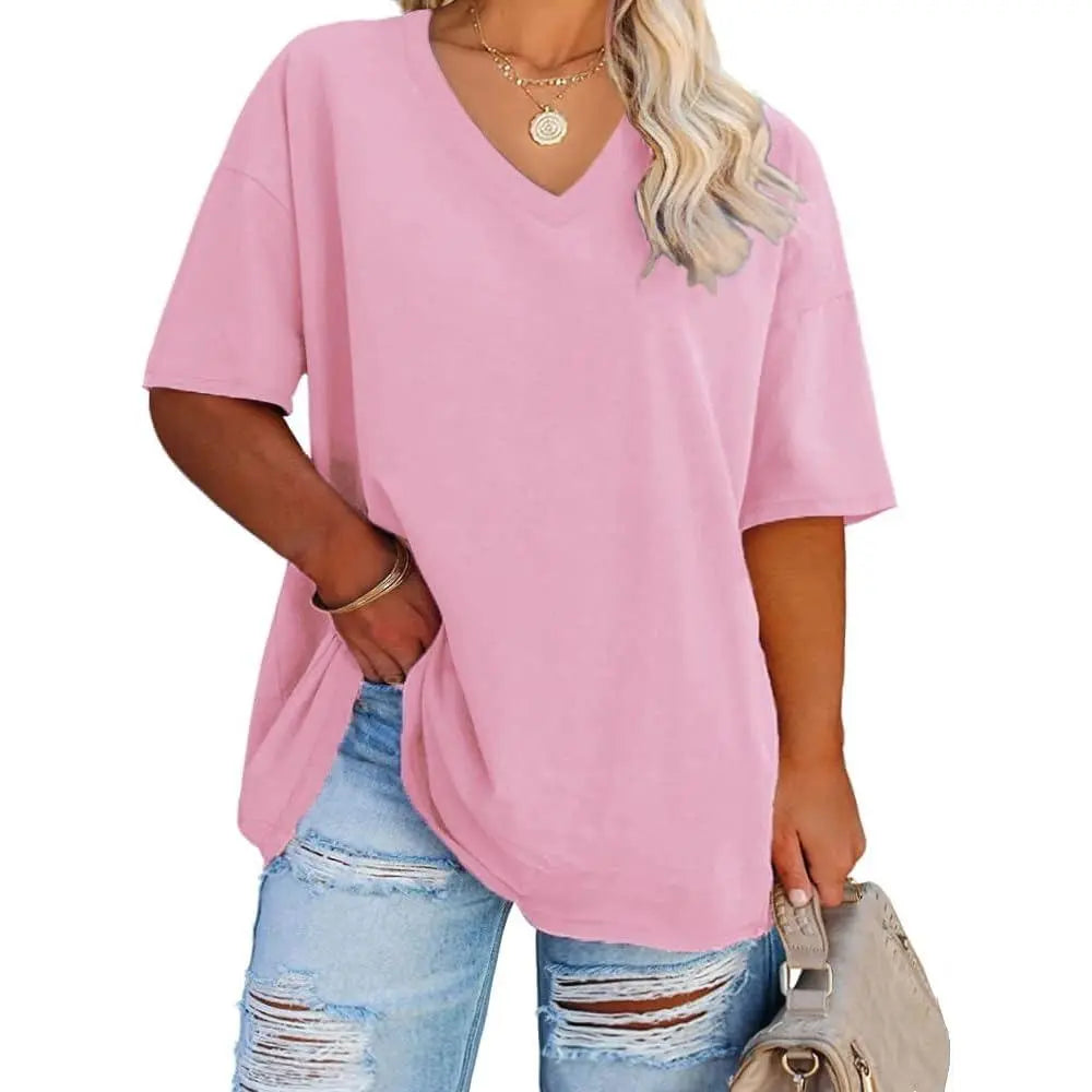 Tankaneo  Women's Plus Size V Neck T Shirts Summer Half Sleeve Tees Casual Loose Fit Cotton Tunic Tops