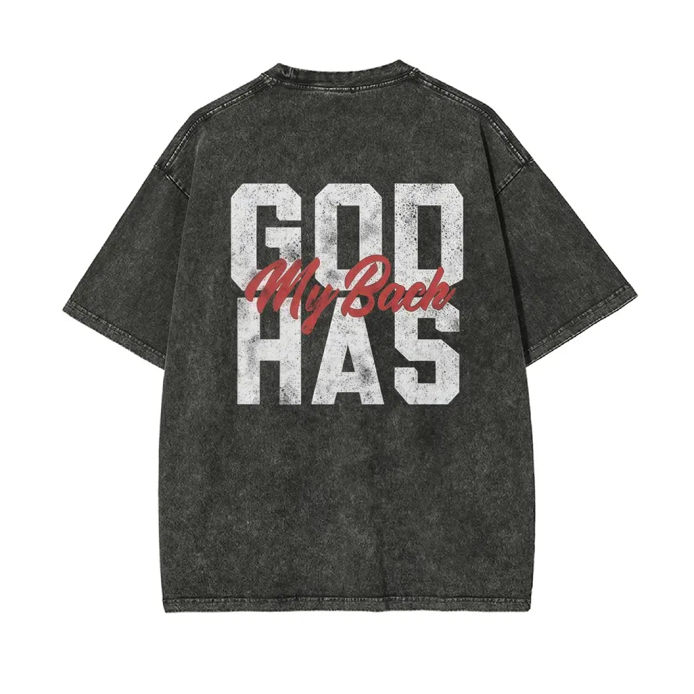 Men's 260g Heavyweight 100% Cotton Casual Short-Sleeve T-Shirt - Round Neck, Retro Acid Washed, Fluffy Breathable Fabric, Moisture-Wicking, "GOD HAS MY BACK" Christian Cross Print, Oversized Plus-Size Christian Clothing Streetwear