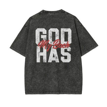 Men's 260g Heavyweight 100% Cotton Casual Short-Sleeve T-Shirt - Round Neck, Retro Acid Washed, Fluffy Breathable Fabric, Moisture-Wicking, "GOD HAS MY BACK" Christian Cross Print, Oversized Plus-Size Christian Clothing Streetwear