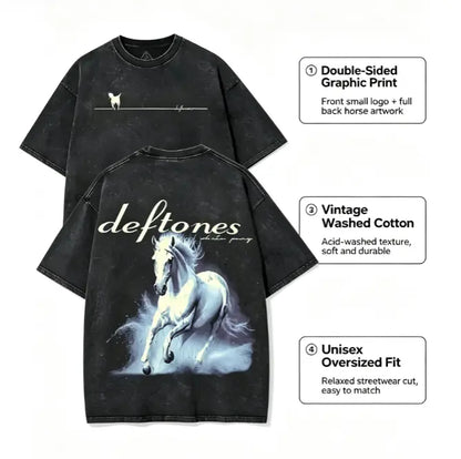 Unisex Retro Limited Vintage Washed T-Shirt, Rock with WHITE PONY Oversized Size Heavy Washed Cotton Tee, 90s Grunge Gothic Punk Y2K Rock Merch,father'sdaygifts Relaxed Fit Streetwear Clothes Soft